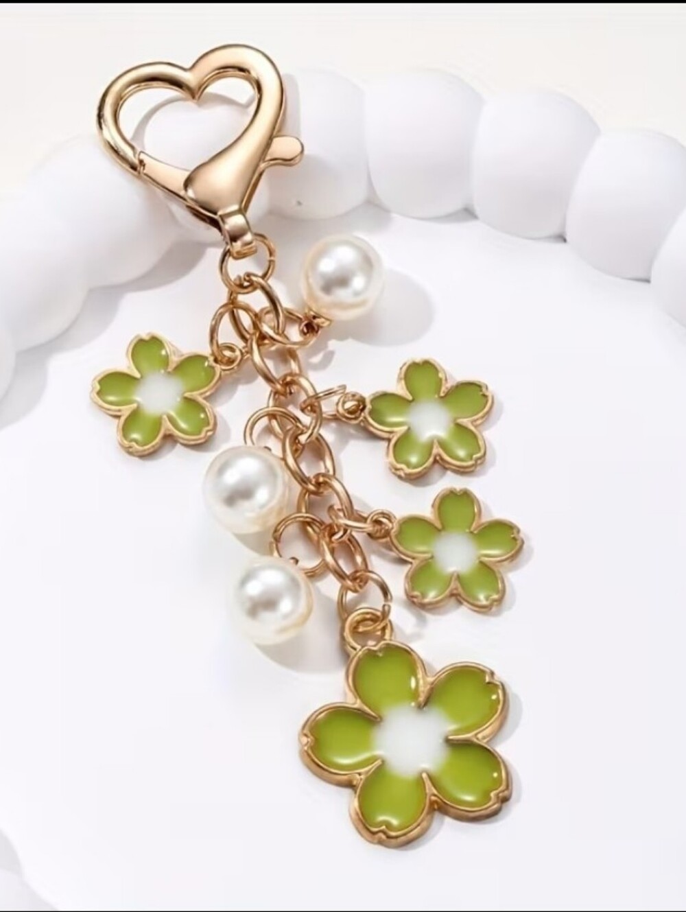Green Flower Bag Charm/ Keychain with Pearls